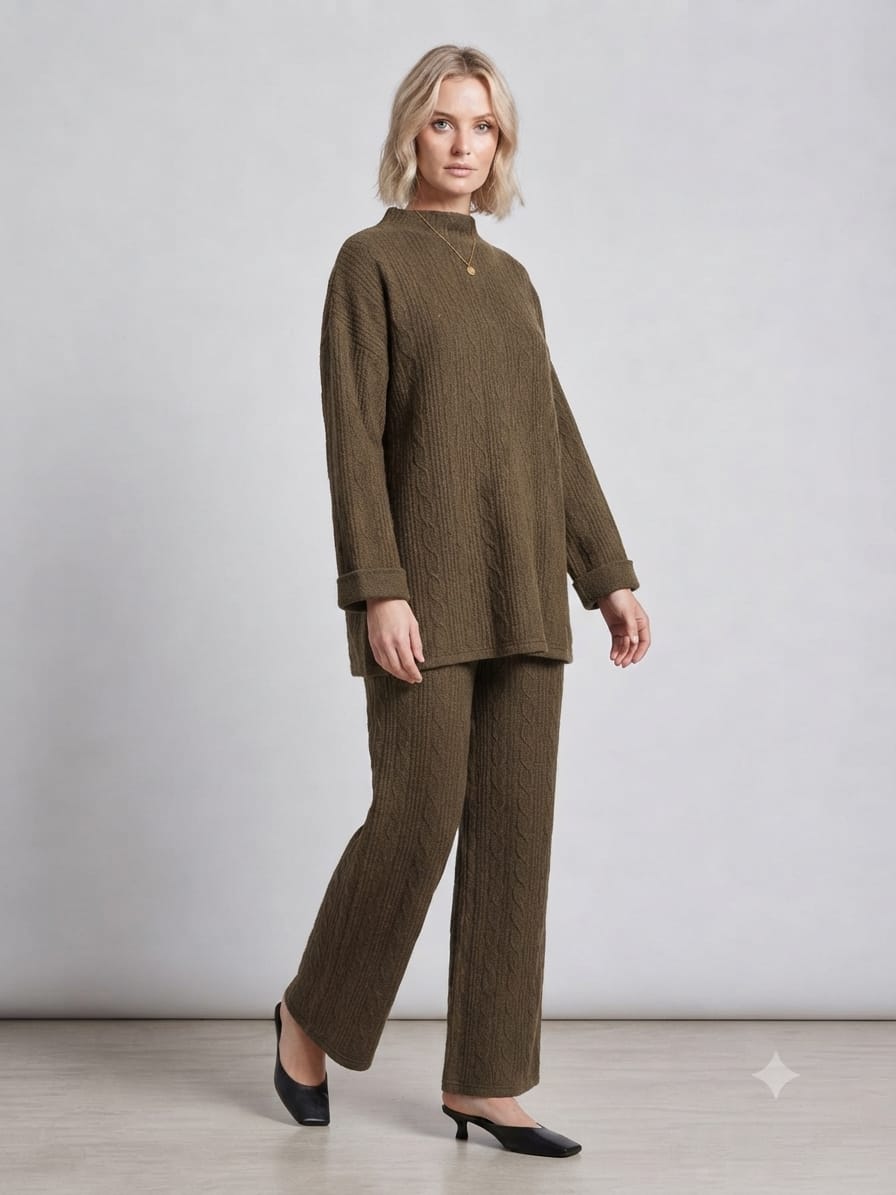 Cable Knit Two-Piece Wide Leg Trouser Set