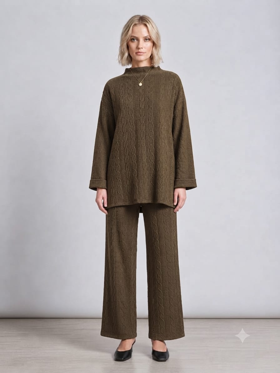 Cable Knit Two-Piece Wide Leg Trouser Set