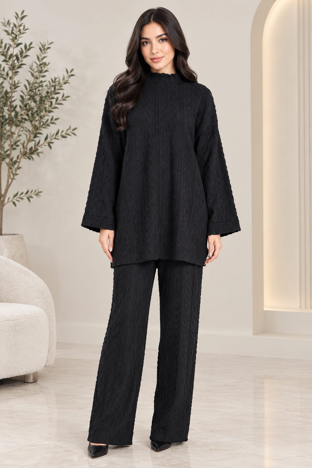 Cable Knit Two-Piece Wide Leg Trouser Set