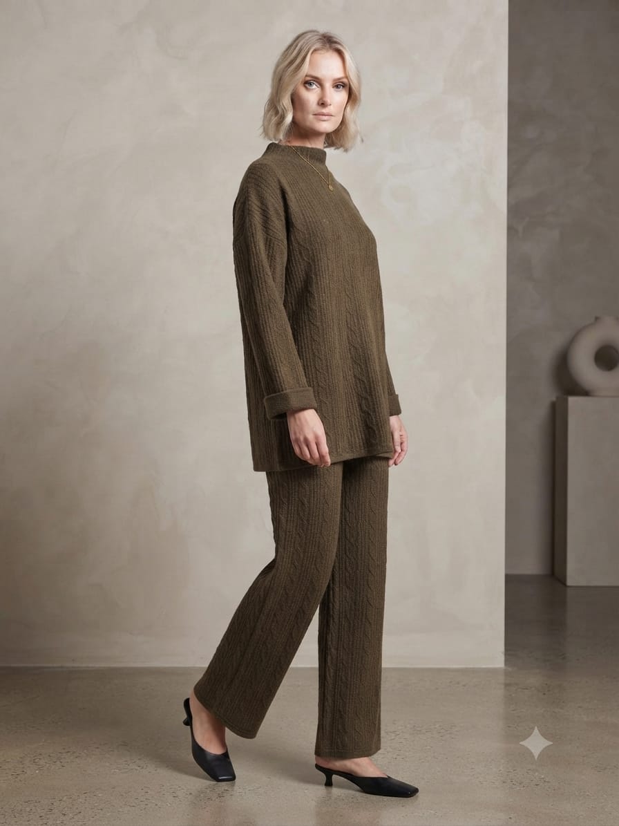Cable Knit Two-Piece Wide Leg Trouser Set