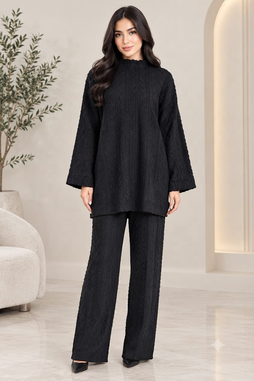 Cable Knit Two-Piece Wide Leg Trouser Set