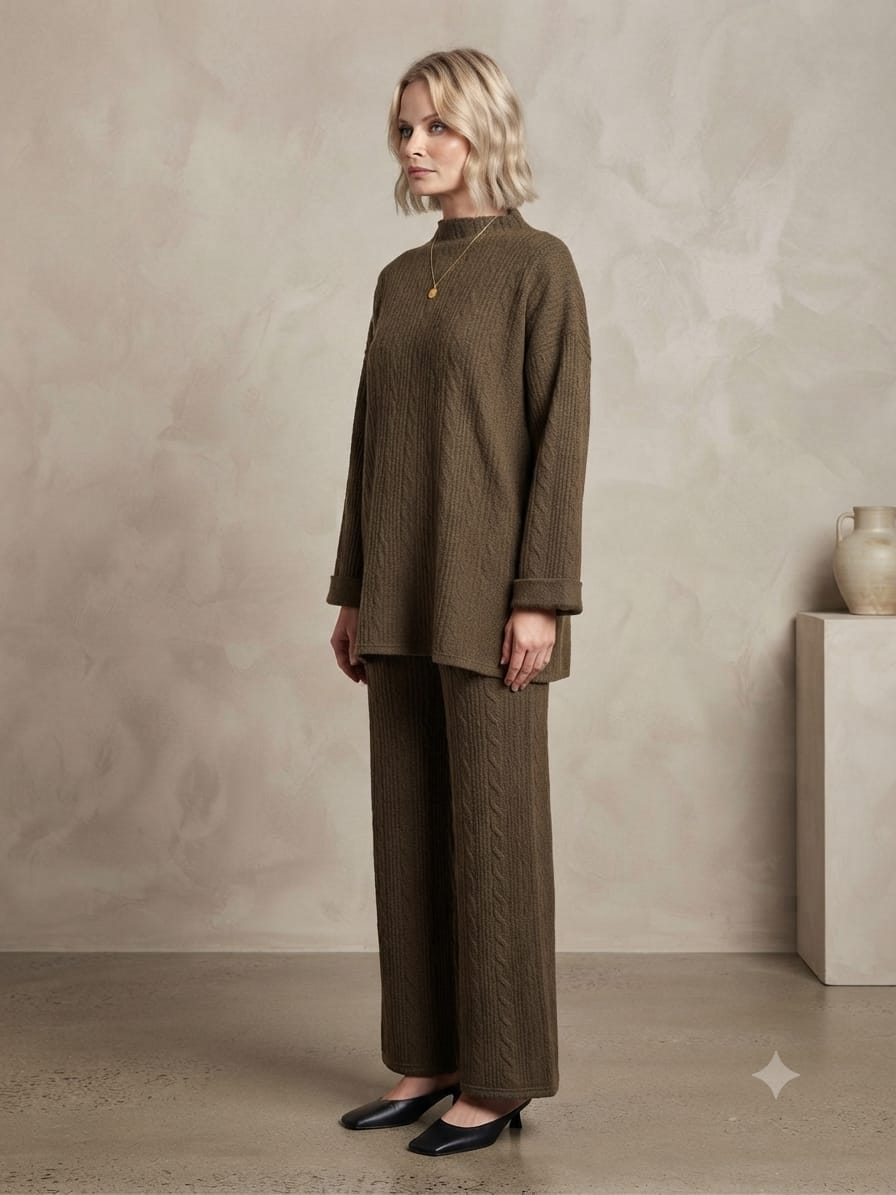 Cable Knit Two-Piece Wide Leg Trouser Set
