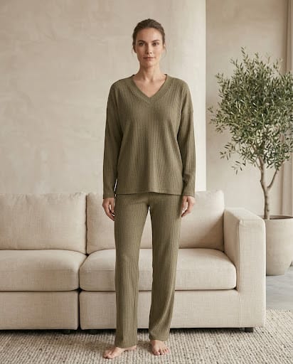 Brush Rib V-Neck Co-Ord Set