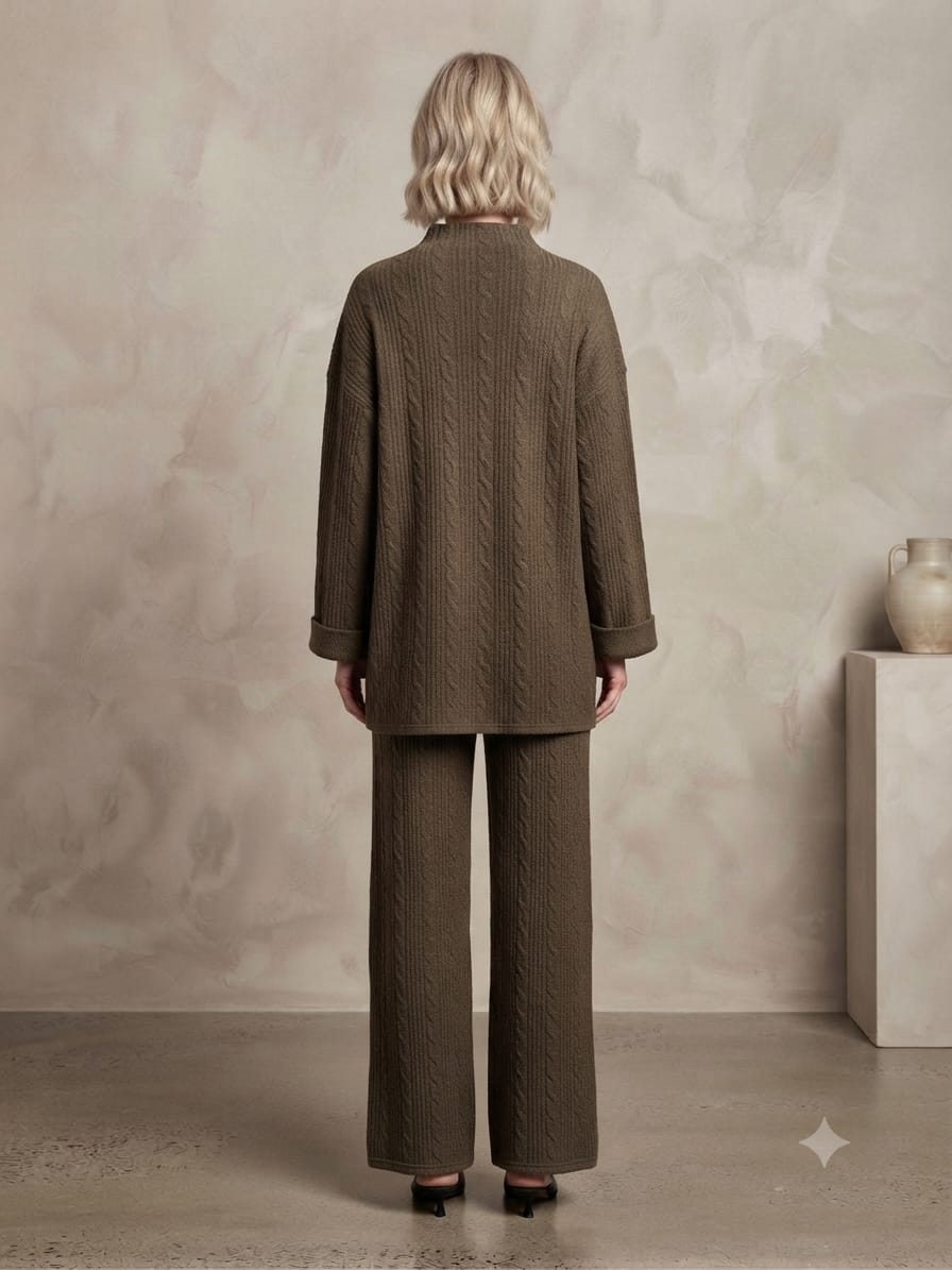 Cable Knit Two-Piece Wide Leg Trouser Set