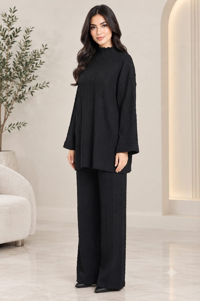 Cable Knit Two-Piece Wide Leg Trouser Set