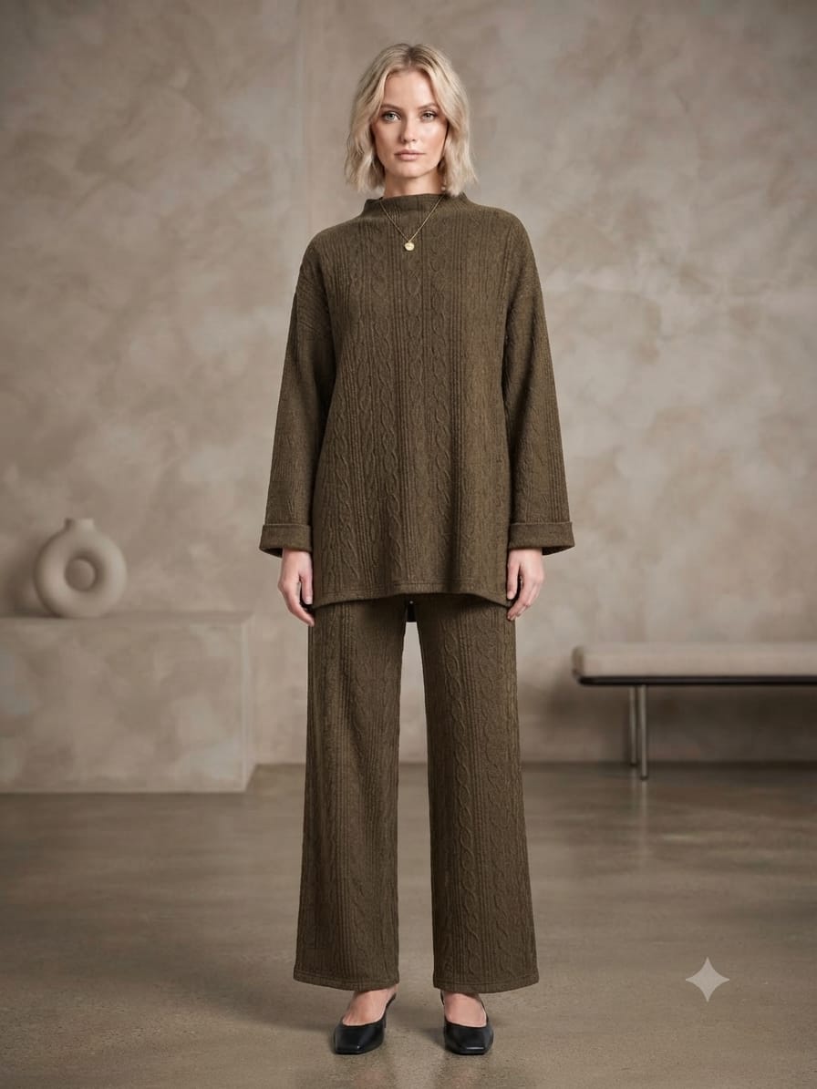 Cable Knit Two-Piece Wide Leg Trouser Set