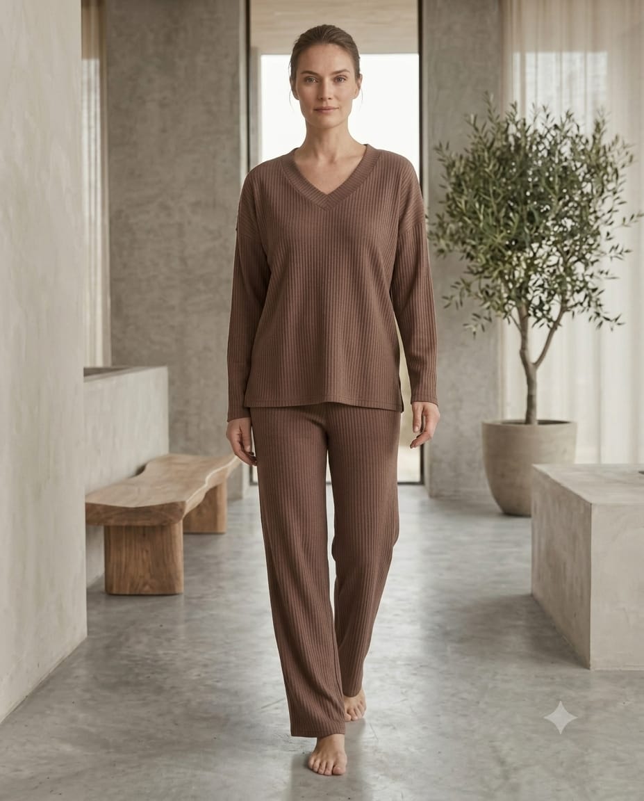 Brush Rib V-Neck Co-Ord Set