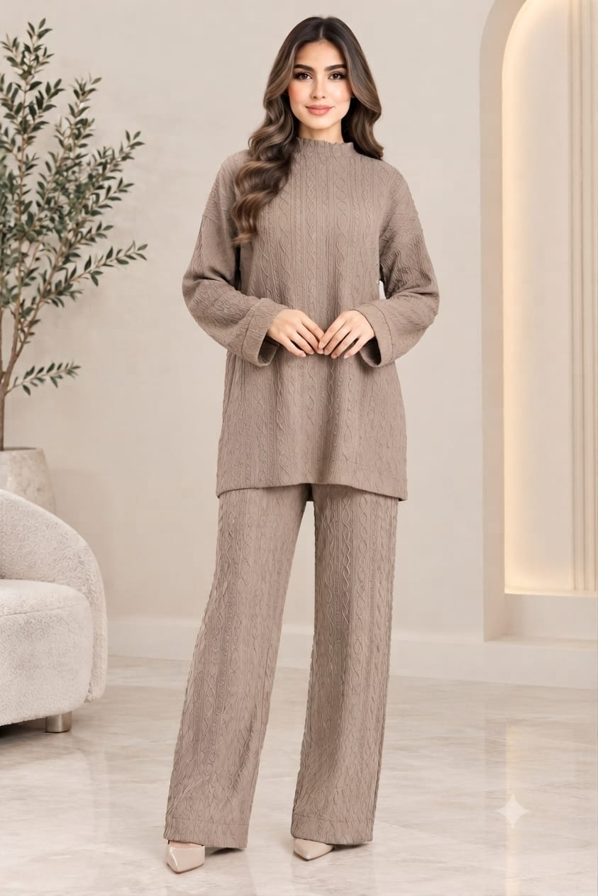Cable Knit Two-Piece Wide Leg Trouser Set