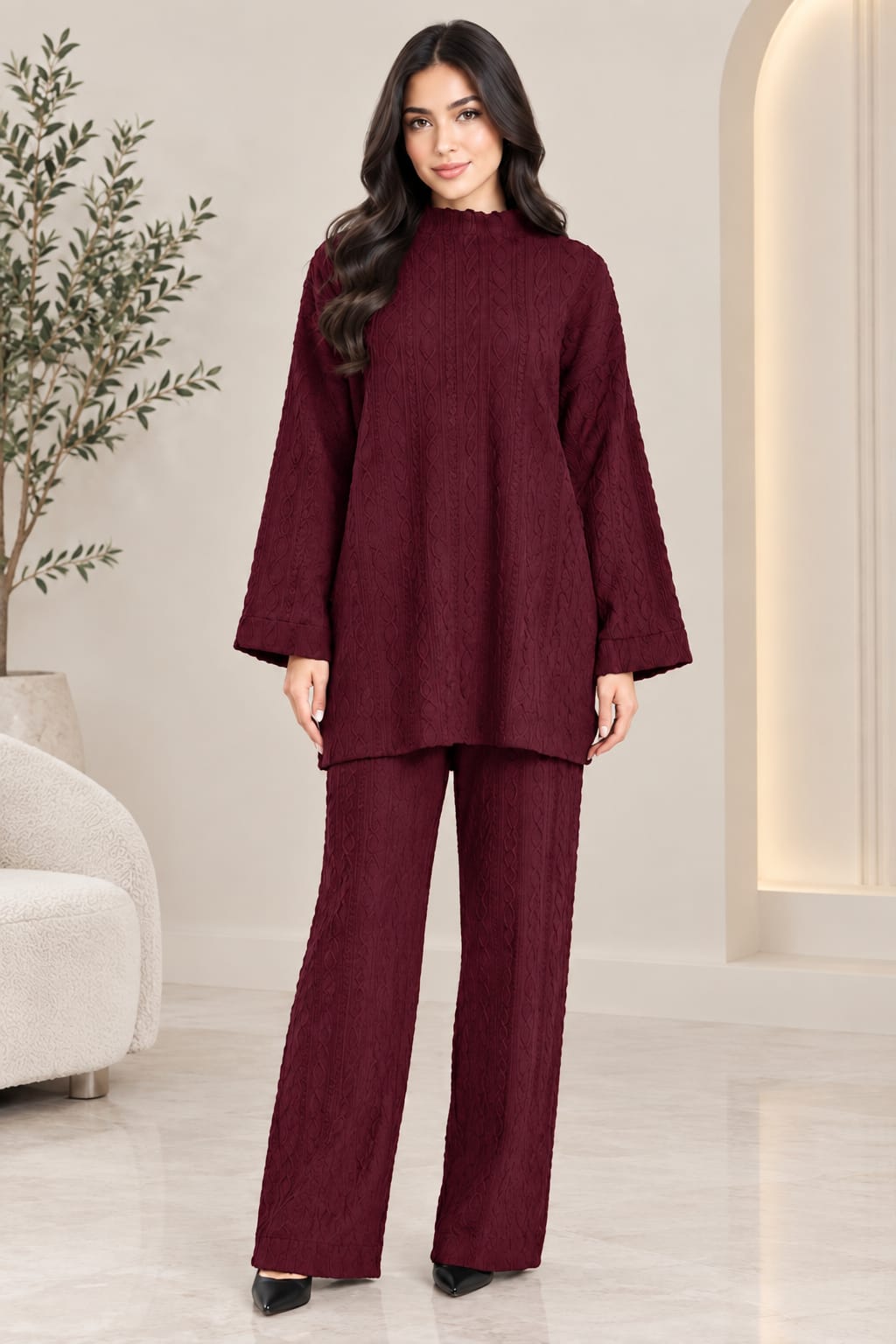 Cable Knit Two-Piece Wide Leg Trouser Set