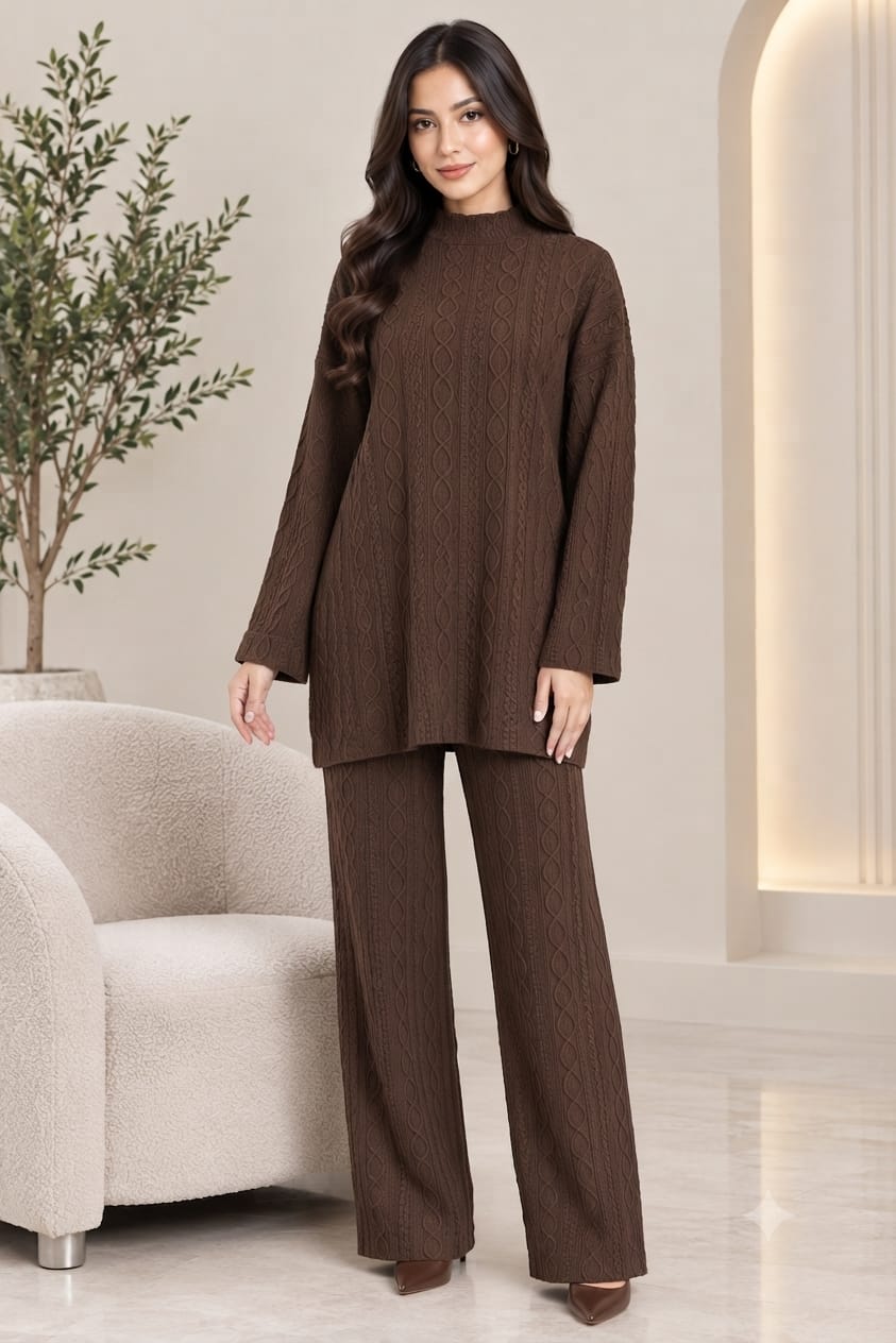 Cable Knit Two-Piece Wide Leg Trouser Set