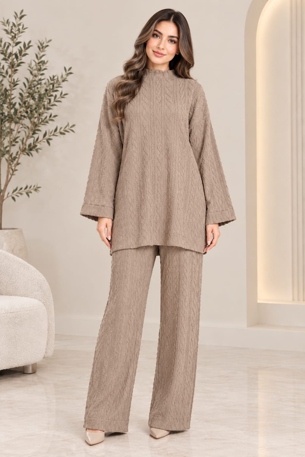 Cable Knit Two-Piece Wide Leg Trouser Set
