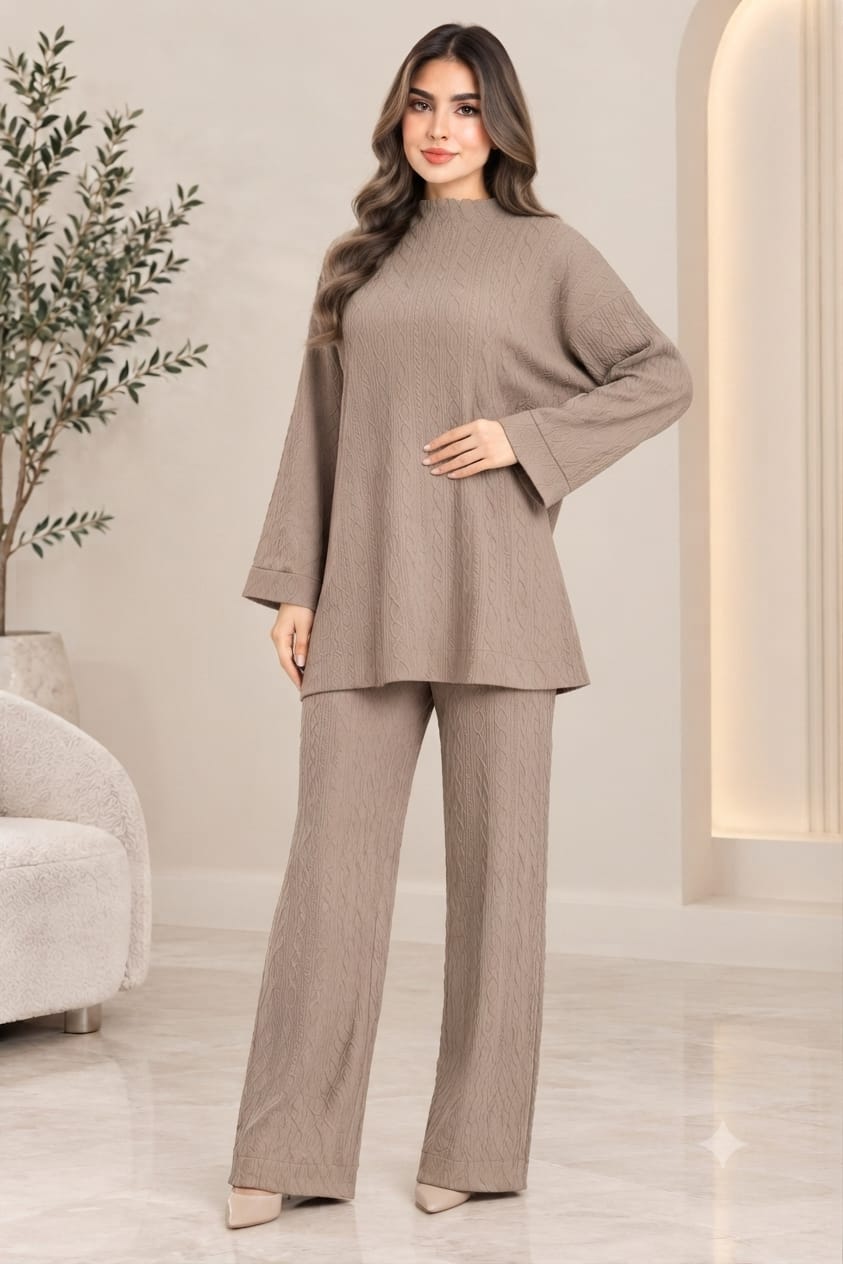 Cable Knit Two-Piece Wide Leg Trouser Set