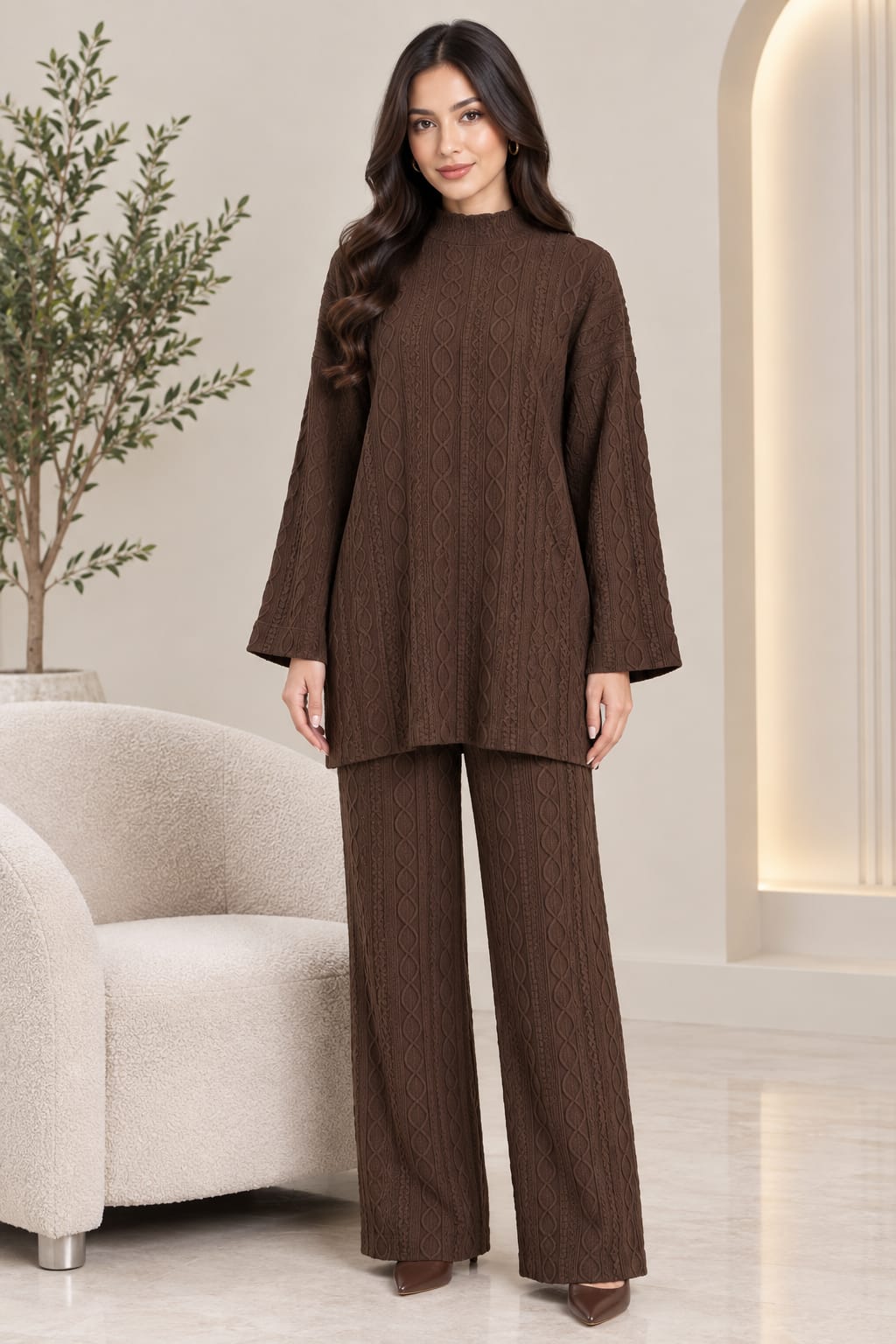 Cable Knit Two-Piece Wide Leg Trouser Set