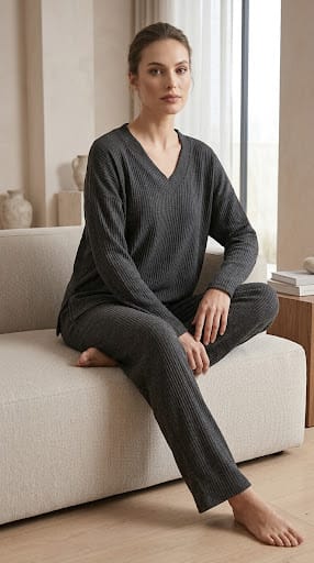 Brush Rib V-Neck Co-Ord Set