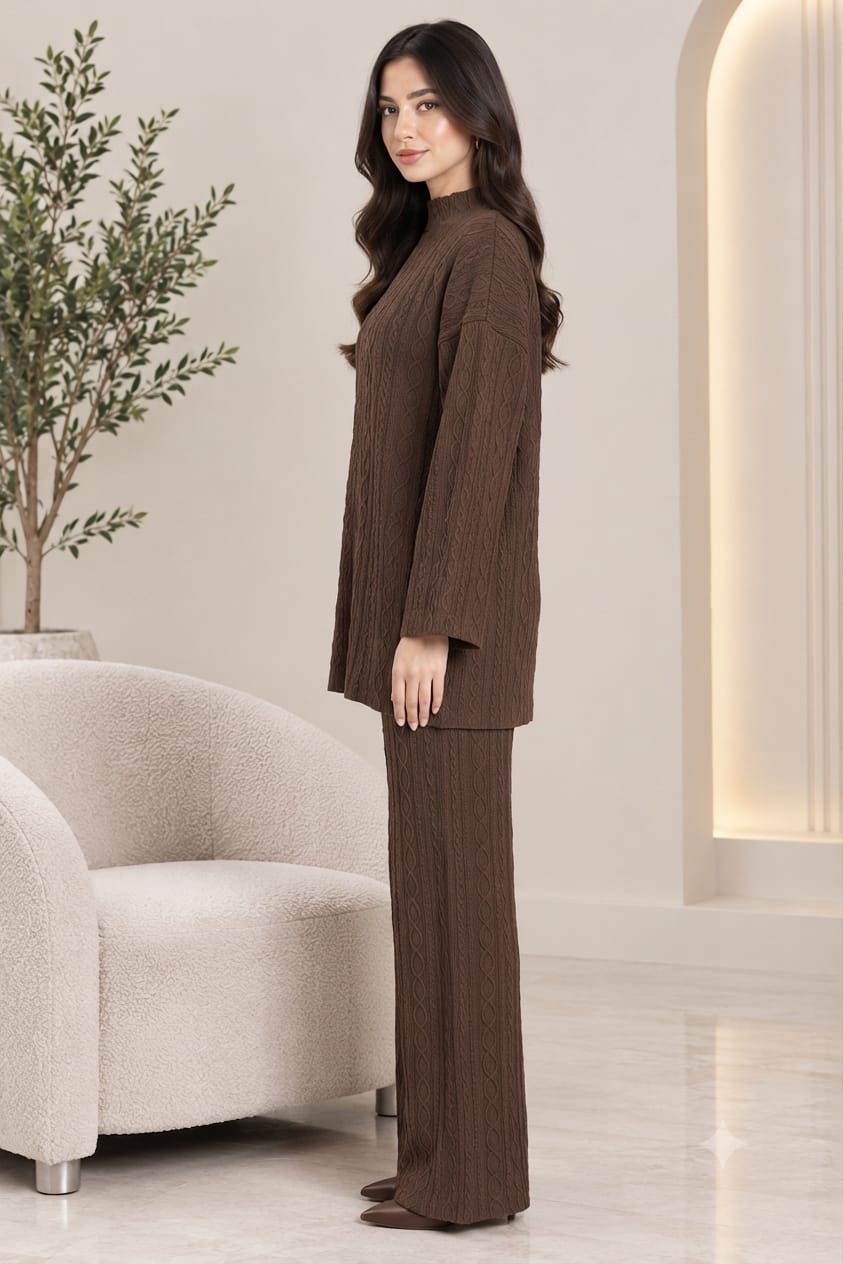 Cable Knit Two-Piece Wide Leg Trouser Set