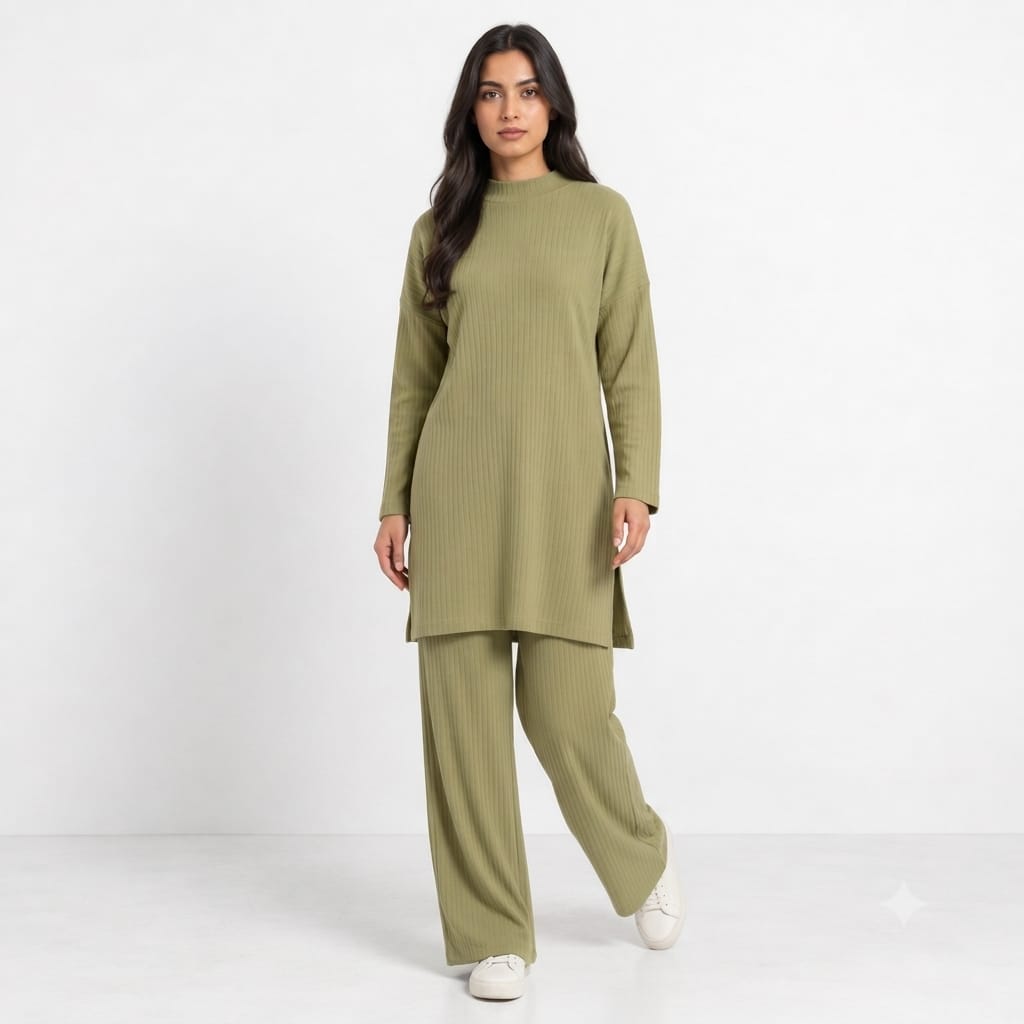 Long Slit Brush Rib Two-Piece Set