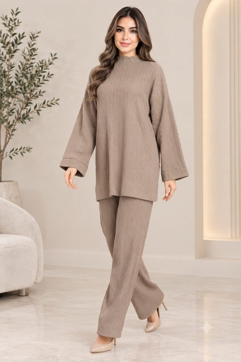 Cable Knit Two-Piece Wide Leg Trouser Set