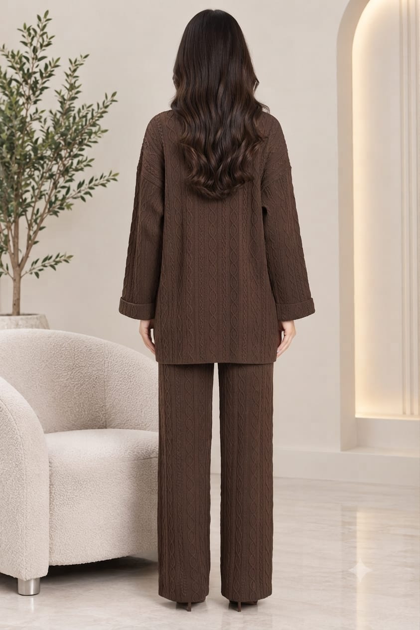 Cable Knit Two-Piece Wide Leg Trouser Set